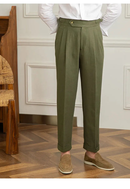 Three Gentleman Summer Naples Casual Straight Pants Men's Commuting Cotton and Linen Comfortable Breathable High Waist Pants