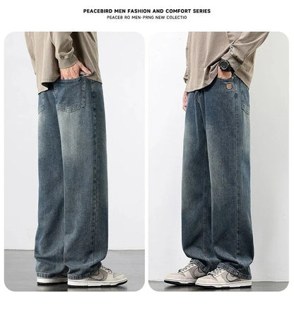 Spring Autumn American Retro Straight Jeans Men Streetwear Korean Fashion Loose Baggy Wide Leg Denim Pants Male Casual Trousers