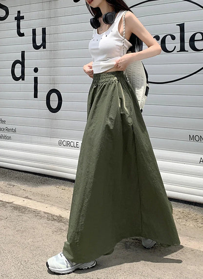 Chic Women Pockets A-Line Long Skirts Ladies Casual Loose Elastic High Waist Midi Skirt 2024 Spring Summer