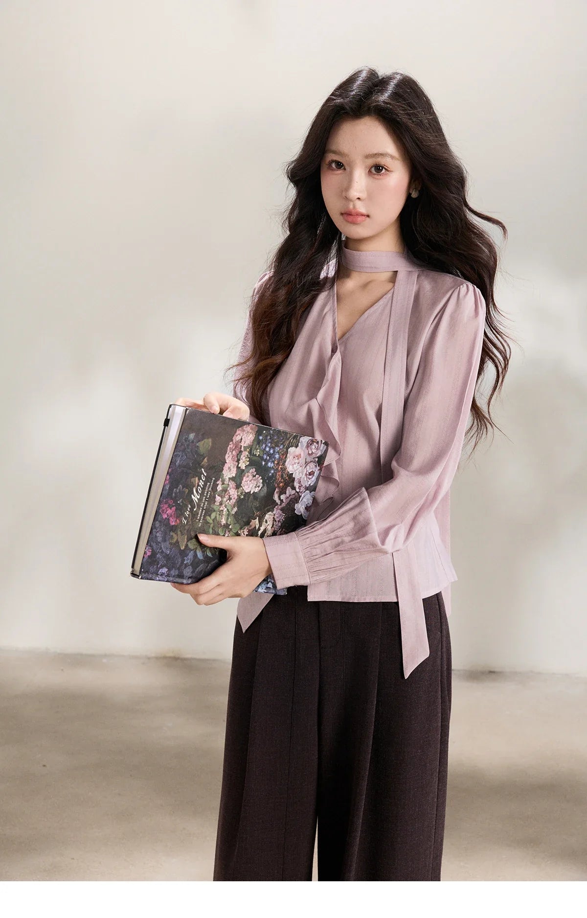 Women's Purple Sweet Shirts 2026 Spring Ribbon V-Neck Ruffled Asymmetrical Shirt Back Lace-up Waist Casual Top MXF13X2527