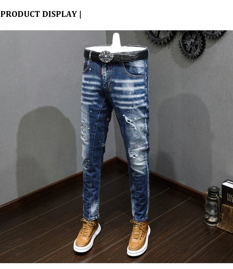 Fashion Designer Men Jeans Retro Blue Stretch Slim Fit Painted Ripped Jeans Men Korean Style Vintage Casual Denim Pants Hombre