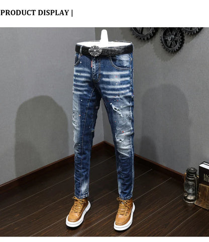 Fashion Designer Men Jeans Retro Blue Stretch Slim Fit Painted Ripped Jeans Men Korean Style Vintage Casual Denim Pants Hombre