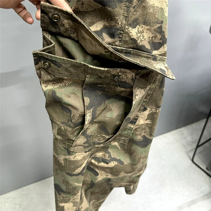 Heavy weight Tactical Cargo Pants For Men Vintage Camo Multi-Pocket Loose Fit Straight Leg Outdoor Streetwear Casual Trousers