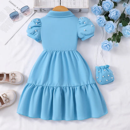 【Free Bag】 Toddler Girl Dress Summer Pearl Casual Cute Children Princess Dresses Birthday Party Kids Girls Dress 3 4 5 6 7 Yrs