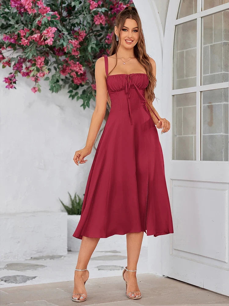 Summer Sweet Solid Sleeveless Long Dress Women Fashion Bandage Camisole Dresses Padded Boned Robe Elegant Party Vestidos