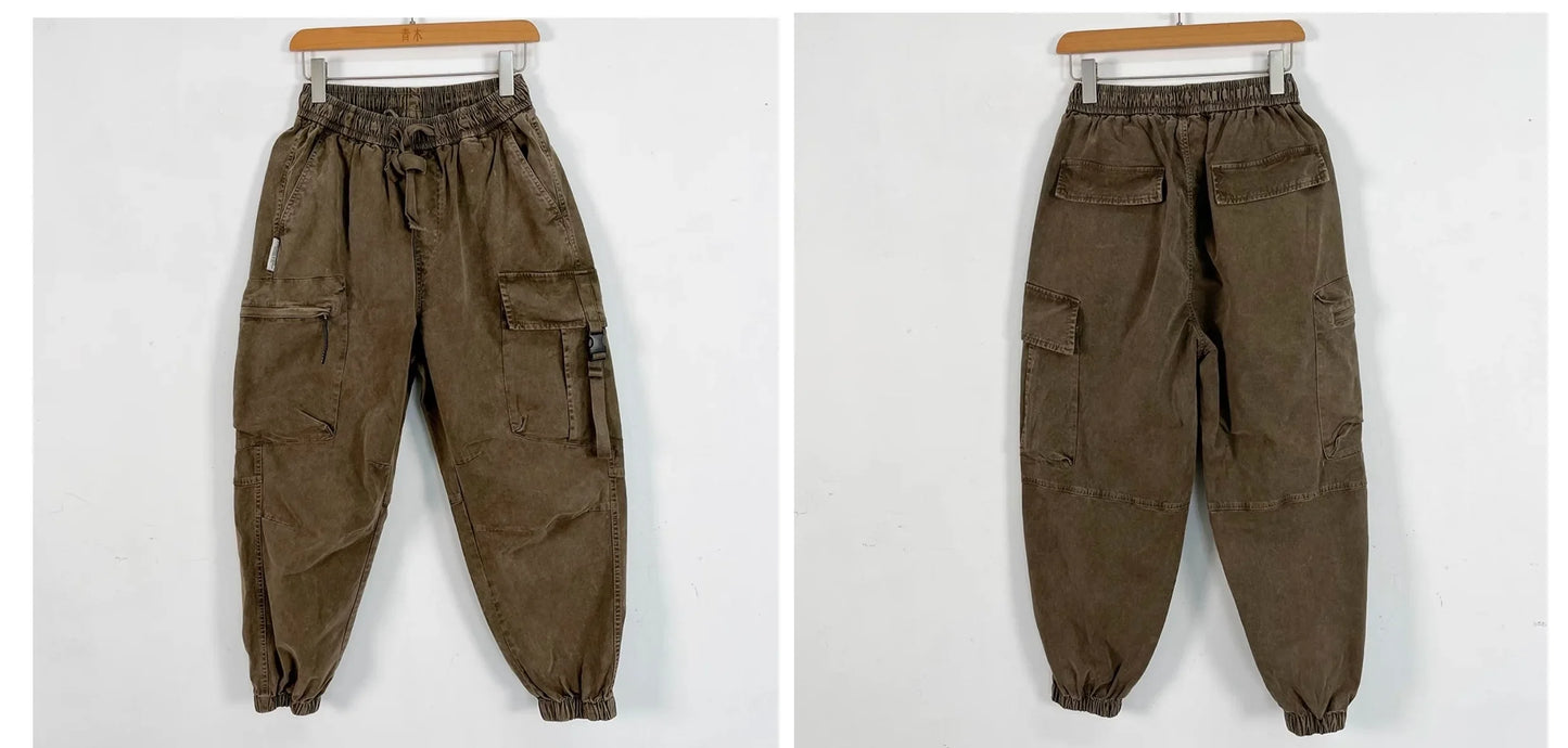 High Quality Snow Wash Distressed Cargo Pants Men Korean Fashion Plus Size Harem Pants Streetwear Joggers Casual Baggy Trousers