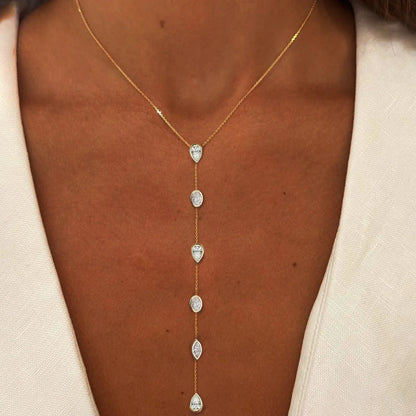 Multi Shape Moissanite Lariat Necklace for Women S925 Silver Bezel Set Pear/Oval Marquise Diamond Long Tassel Drop Necklace
