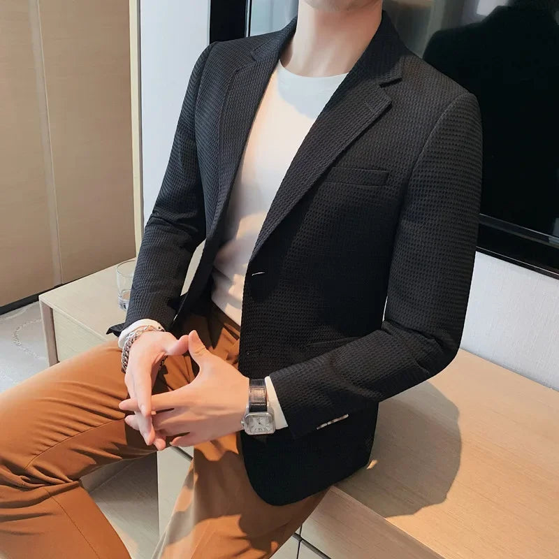 Plus Size 4XL-M Autumn New Waffle Suit Jacket Men Two Buttons Slim Fit Business Casual Blazers Homme Formal Groom Prom Tuxedo