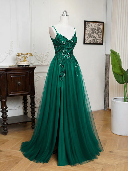 Sling Evening Dresses Sexy Spaghetti Straps V-Neck Illusion Sequins Appliques Prom Dress A-Line Train High Split Gowns