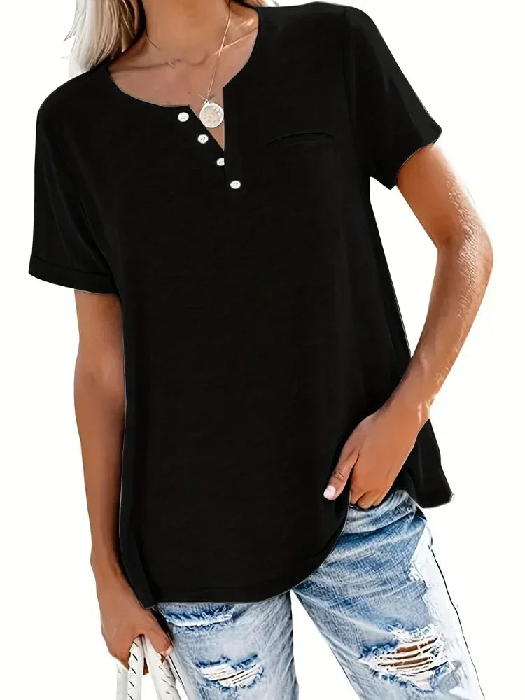 Plus Size 1XL-5XL Women's Spring and Summer New Style Loose Tops Ladies Casual V-neck Short Sleeve Pocket T-shirt