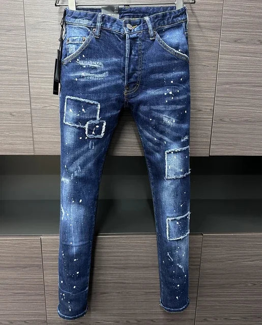 Men Jeans Denim Pants Hole Slim Pencil Trousers Metal Buttons Party Classics Fashionable Black DSQ2 JENAS