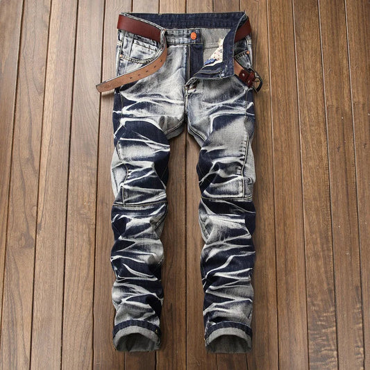 2026 Men's Fashion Vintage Jeans Slim Straight Leg Tie Dye Pleated Biker Denim Pants Male Casual Pants Oversized 42 High Quality