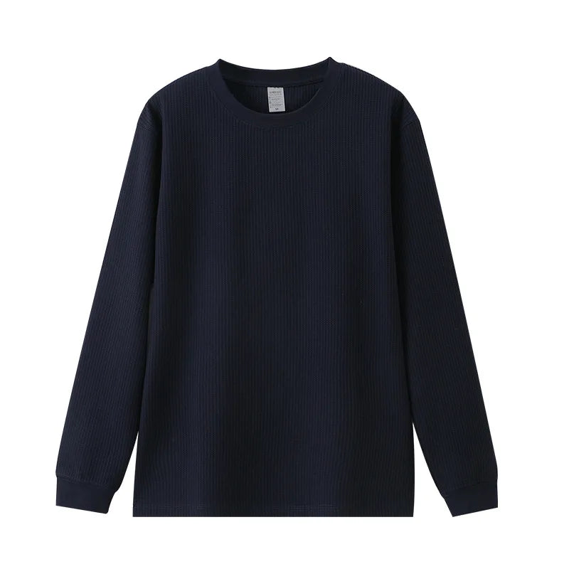 Autumn Lightweight Waffle Knit Base Layer Top  Men - Fashionable Loose Fit Versatile Long-Sleeved Round Neck T-Shirt/Sweatshirt