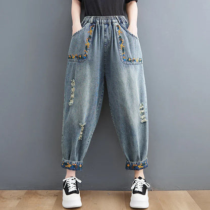 Summer New Sle Artistic Retro Embroidered Hole Denim Jeans Women's Slimming Versatile Elastic Waist Loose Harlan Dad Pants