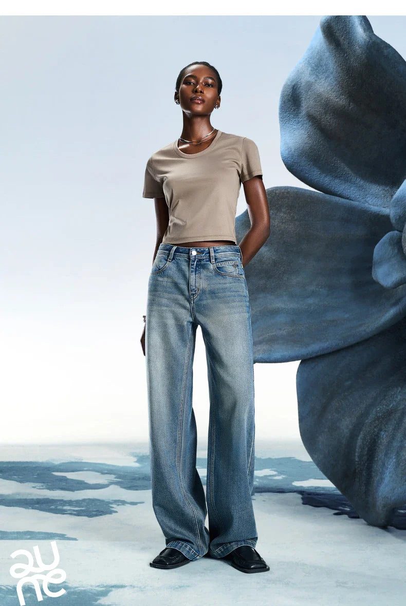 Women Denim Jeans 2025 Spring New Acetate Wide Leg Mid Low Waist Slim Fit Straight Wide Leg Pants