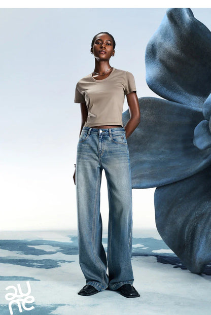 Women Denim Jeans 2025 Spring New Acetate Wide Leg Mid Low Waist Slim Fit Straight Wide Leg Pants