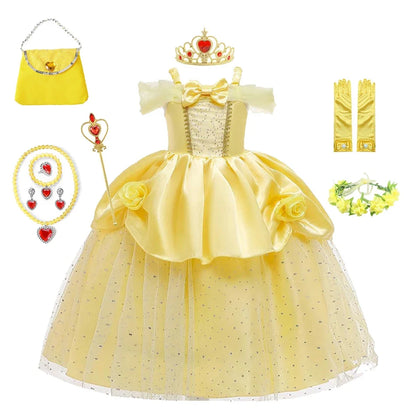 Girls Belle Cosplay Costumes Girls Dresses for Beauty Kids Party Clothing Magic Stick Crown Children Yellow Dress and The Beast