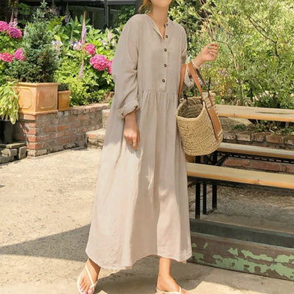 Women's Elegant Solid Cotton Robe Femme 2022 Spring Autumn Bohemian Maxi Dress ZANZEA Casual Long Sleeve Shirt Dresses Oversized