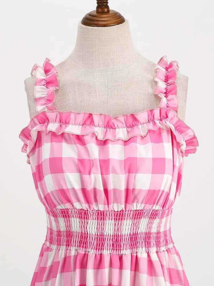 Spaghetti Strap Pink Plaid Dress Women Summer Elegant Vintage 50s Rockabilly Swing Party Dress