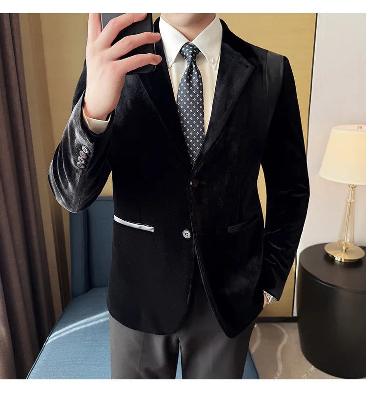 Leather Splicing Mercerized Velvet Suit Jacket 2025 Autumn New Men's High-end Business Slim Fit Fashion Party Tailcoat 4XL-M