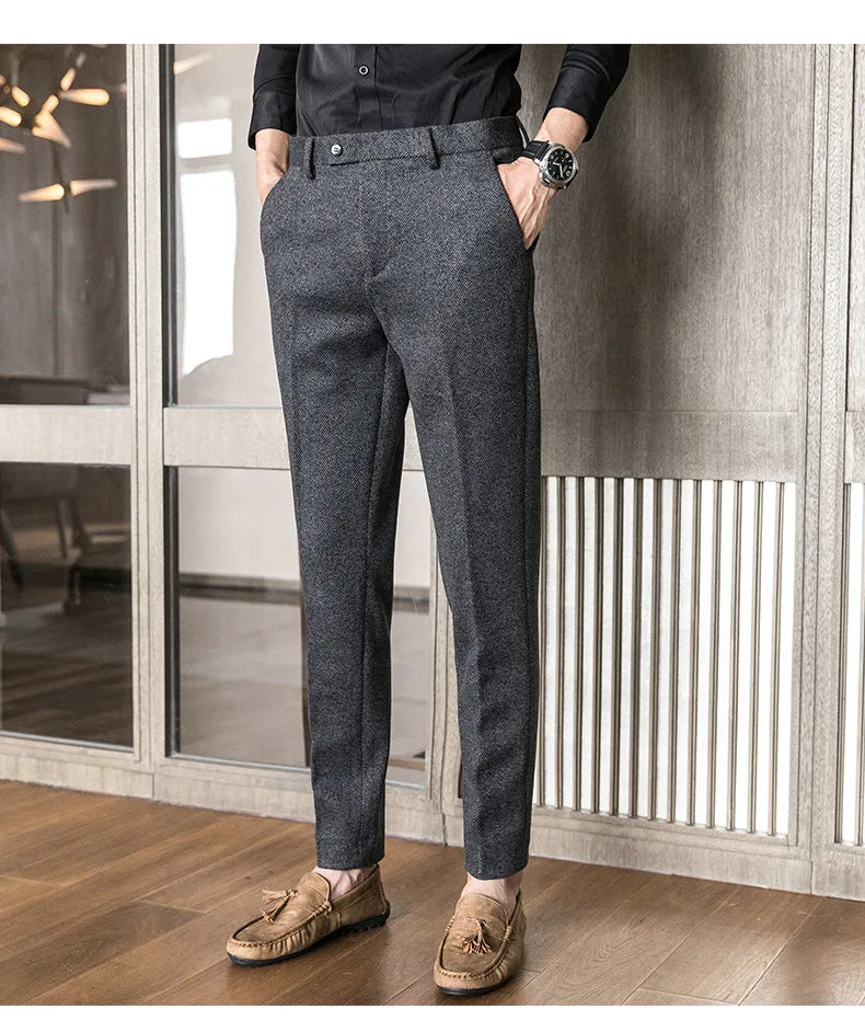Woolen Dress Pants Formal Office Suit Pants Men Slim British Style Wool Business Black Gray Dress Trousers