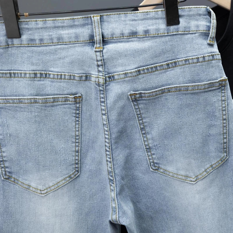 New Men's Little Feet Skinny Jeans Light Blue Spring Summer Thin Elastic Denim Pants Classic Korean Washed Cowboy Trousers