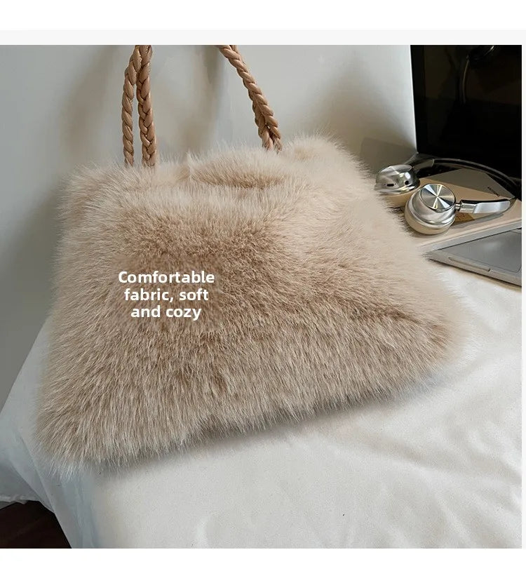 Fashion Women Furry Shoulder Bag Large Capacity Tote Handle Bag for Autumn Winter Outing Commuter Texture Versatile Storage Bags