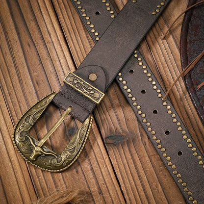 Men - Women - Western Denim - PU Leather - Belt - Vintage Jeans with Floral Carved Buckle Belt