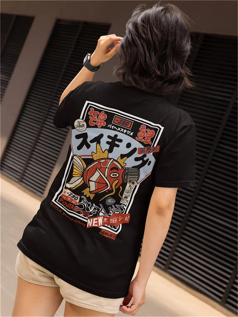 Hip Hop Streetwear Harajuku T-shirt Japanse Kanji Fish Print T-shirt 2024 Mannen Katoen Casual Korte Mouw T-shirt Japan Stijl