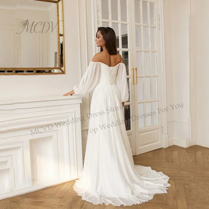 Civil Chiffon Wedding Dresses Beaded Puff Sleeve Off Shoulder Lace Up Back Ivory Elopement Bridal Dresses For Beach Ceremony