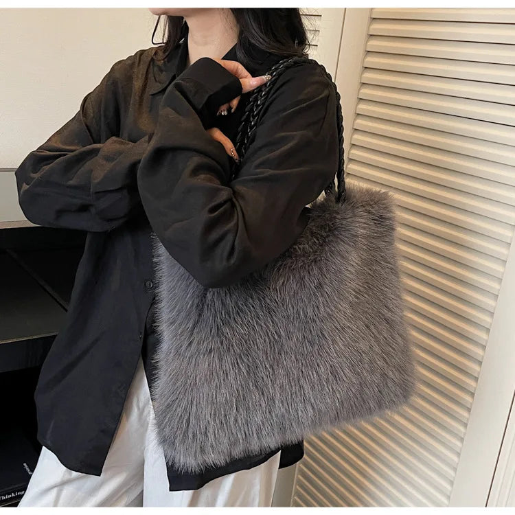 Fashion Women Furry Shoulder Bag Large Capacity Tote Handle Bag for Autumn Winter Outing Commuter Texture Versatile Storage Bags