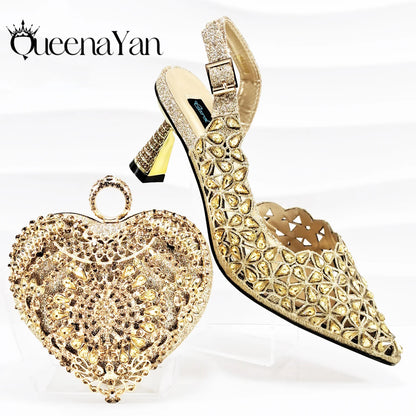 Italian Design Rhinestone-encrusted Sex Ladies Shoes And Special Bag High Heels And Heart Shape Gold Mini Bag