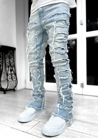 New European and American Heavyweight Streetwise Stretch Patch Jeans for Men, High Street Straight Fit Long Jeans16-3001