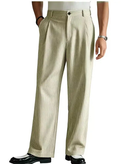 Vintage Men Pants Thin Slacks Business Striped Trousers High Waist Pleated Wide Leg Loose Straight Casual Office Wedding