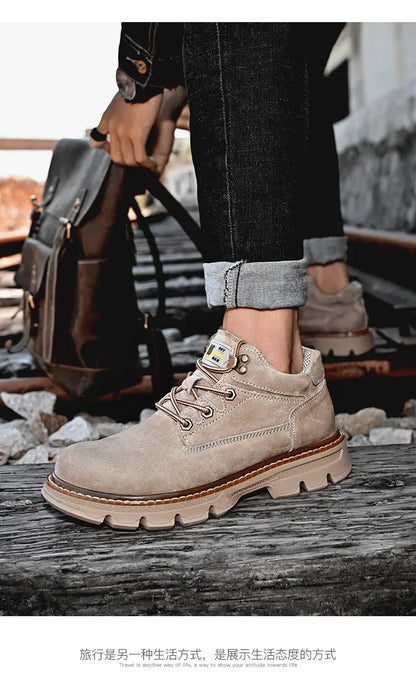 Men Genuine Leather Boots Men's English Style Thick Bottomed Work Clothes Shoes Winter Outdoor Mid Top Men's Boots