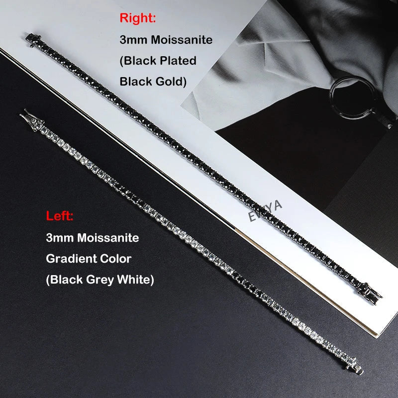 3mm 0.1CT Gradient Color Black Grey White Moissanite Diamond Tennis Bracelet for Men Women Unisex 925 Silver Link Bracelets