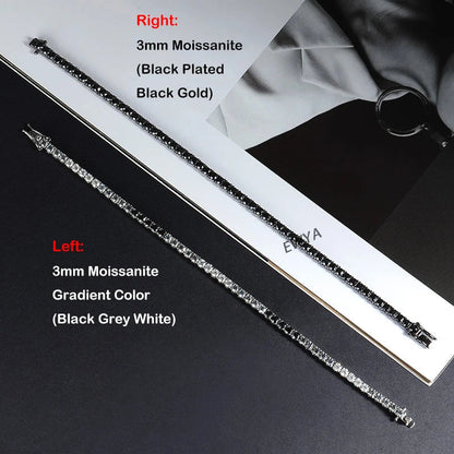 3mm 0.1CT Gradient Color Black Grey White Moissanite Diamond Tennis Bracelet for Men Women Unisex 925 Silver Link Bracelets