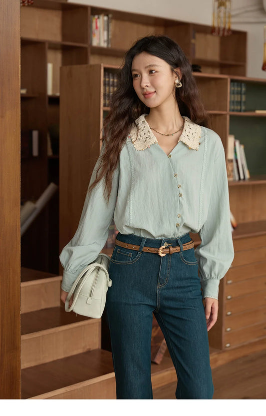 Women's Linen Shirt 2025 Autumn Contrast Apricot Lapel Shirts Long Sleeve Curved Placket Tops Office Lady MXE43C2387