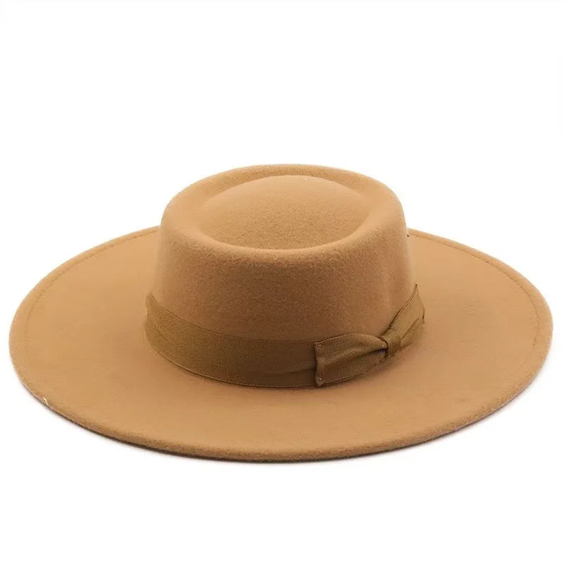 9.5cm Brim Round Top Hat Solid Color Fedoras Bow Flat Top Boater Style Panama Hats for Women Men Party Wedding Church Felt Caps
