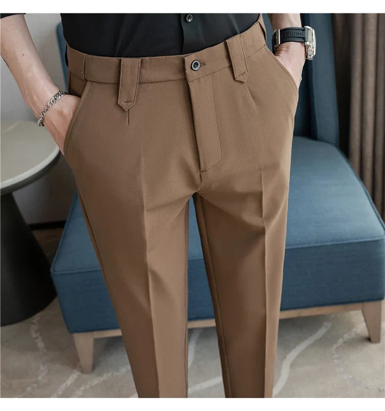 Elastic Waist Solid Color Suit Pants Men Formal Slim Fit Business Casual Trouser High Quality Social Wedding Fashion Dress Pant
