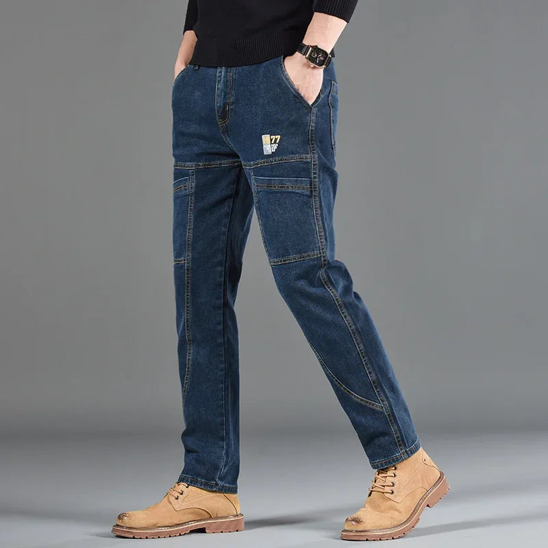 2026 New Style Jeans Men's Slim Fit Korean Style Comfortable Straight Leg Elastic Gray Mid Waist Pants Men's Casual Denim Pants