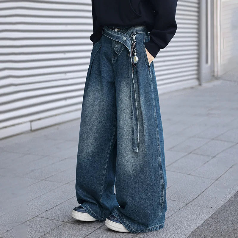 Korean Style Design Belt Jeans Men'S Casual Loose Retro Blue Straight Leg Pants High Street Wide Leg Pants
