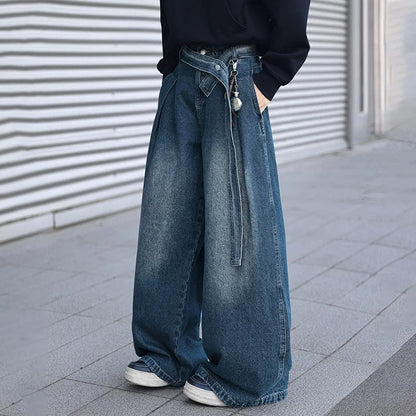 Korean Style Design Belt Jeans Men'S Casual Loose Retro Blue Straight Leg Pants High Street Wide Leg Pants