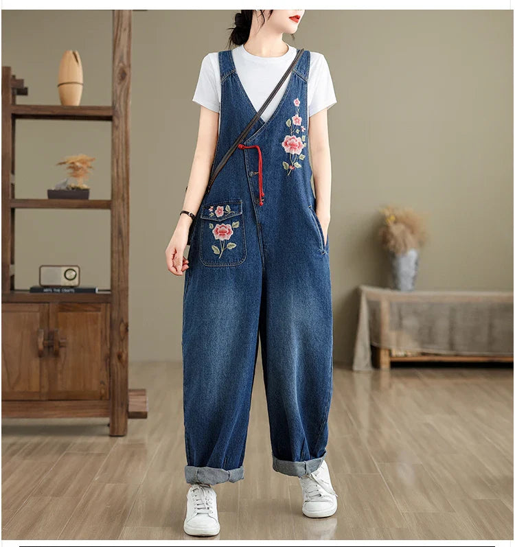 Spring 2025 New Vintage Large Size Loose Embroidered Denim Overalls High Waist Long Pants Women's Faion Casual Jeans