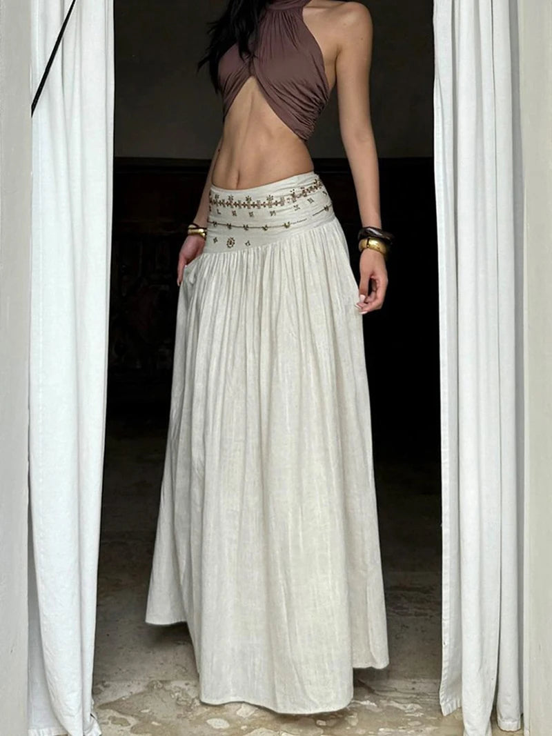 Vintage Beading Midi Skirt Women Vacation Beach Low Waist Skirts Summer Ladies Streetwear Korean Casual Design A Line Faldas New