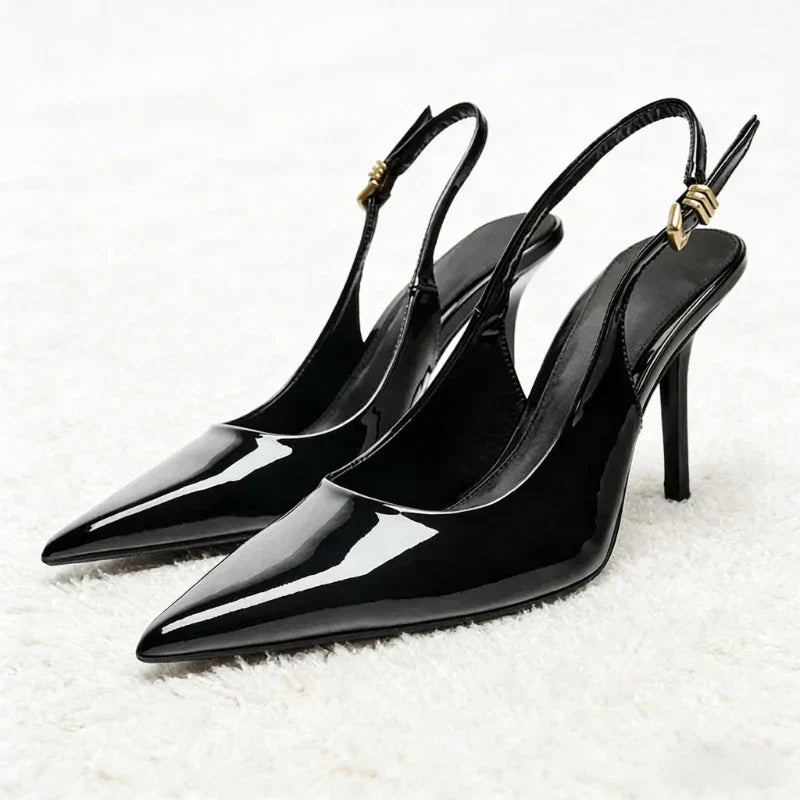 Sexy Black Pointed Toe Patent Leather Pumps Women Luxury Metal Ankle Strap Buckle Brand Designer Shoes Cozy Commuter Office Shoe