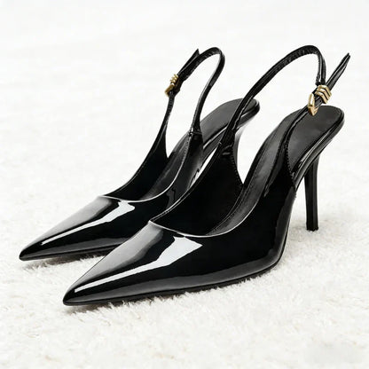Sexy Black Pointed Toe Patent Leather Pumps Women Luxury Metal Ankle Strap Buckle Brand Designer Shoes Cozy Commuter Office Shoe