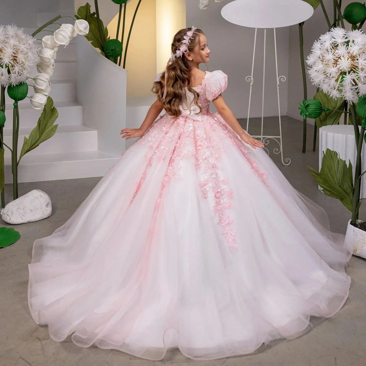 Blush Pink Lace Flower Girl Dress Princess Ballgown Little Girls Wedding Dress Toddle Kids Birthday Party Gowns Customized