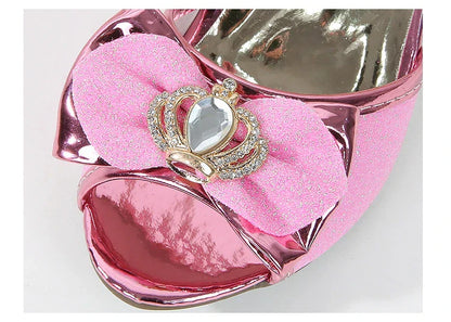 Girls Princess Sandals Summer Open-toe Elegant Children High Heels Fashion Sequins Crown Kids Causal Glitter Wedding Dress Shoes