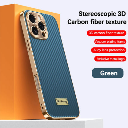 Luxury Plating Leather Carbon Fiber Texture Phone Case For iPhone 17 16 15 14 13 Pro Max Plus 17Air Alloy Lens Shockproof Cover